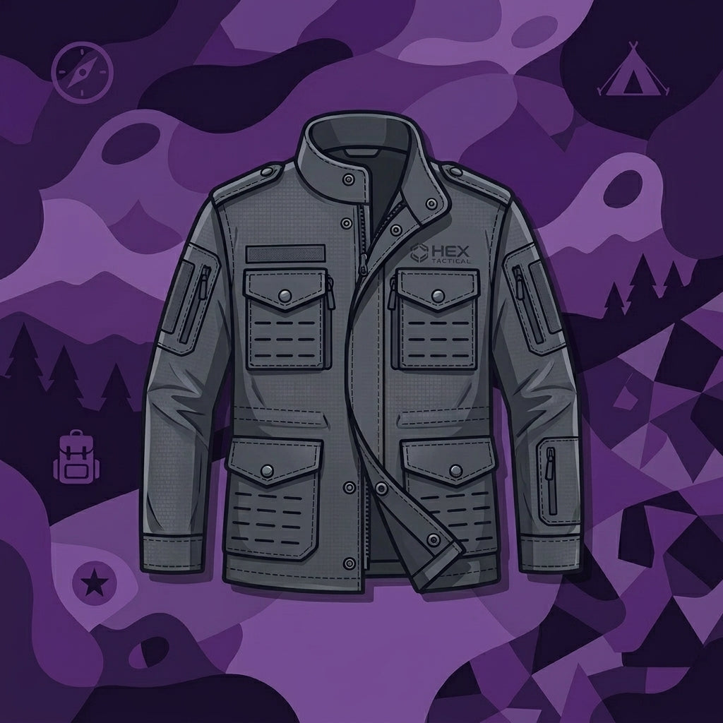 Stylized illustration of a durable grey tactical jacket featuring multiple pockets and straps against a purple mountain camo background.