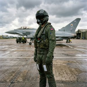 Airforce pilot in flight suit and helmet standing on an airfield runway with a fighter jet parked in the background.