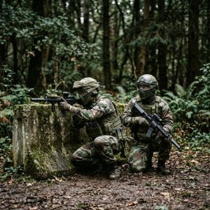 Two players in authentic surplus camouflage BDUs and tactical gear participating in an outdoor airsoft field game.