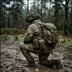 Soldier in full camouflage combat gear kneeling in a muddy forest environment, equipped with a field-tested rucksack and webbing.