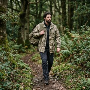 A man in a vintage British MTP field jacket and canvas rucksack walking through a mossy woodland, showcasing surplus gear.