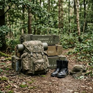 Military surplus rucksack, combat boots, and field equipment stacked on wooden supply crates in a forest setting.