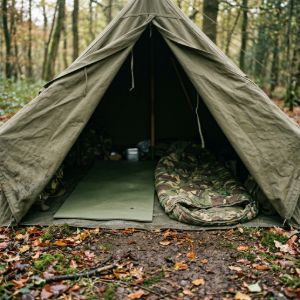 A pitched military canvas tent in a forest clearing, featuring a camouflage sleeping bag and a foam ground mat inside.