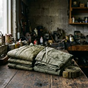Folded military surplus field jackets and utility trousers stacked on a rustic wooden workshop table next to a canvas belt.