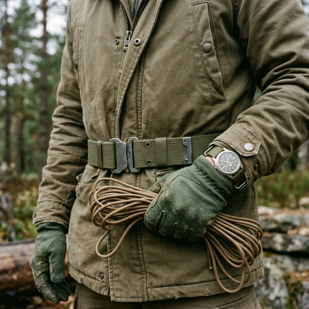 Hands in tactical gloves holding 550 paracord, wearing a military webbing belt and a field watch with a canvas NATO strap.