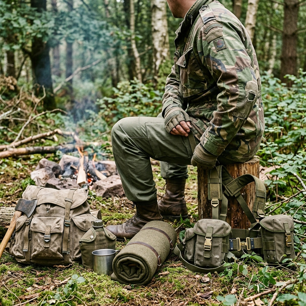 Person in authentic camouflage field jacket sitting by a forest campfire surrounded by military surplus gear like rucksacks, webbing, and wool blankets.