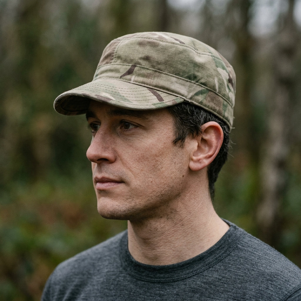 Authentic military surplus headwear featuring various beanies and patrol caps in a woodland setting.