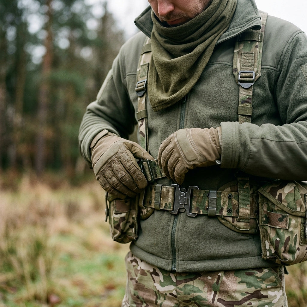 Close-up of British military surplus webbing belt and gloves arranged together.