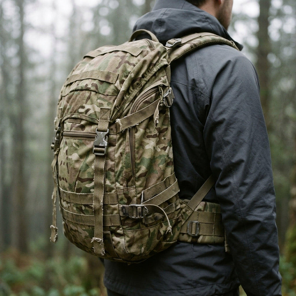 A close-up of a person wearing a rugged, genuine military MTP patrol rucksack against a soft-focus woodland background.