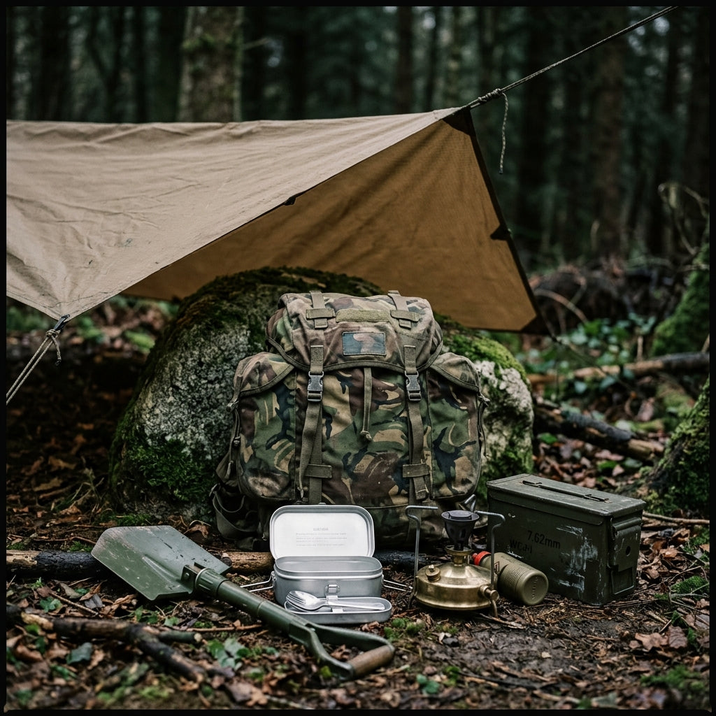 A collection of authentic British military surplus field gear including mess tins and canteens on a forest floor.
