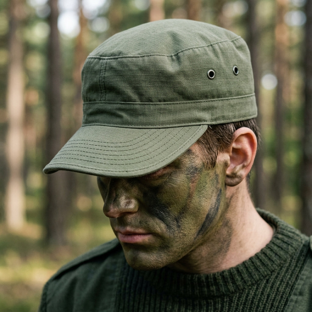Person in an olive drab military patrol cap and wool sweater with tactical face paint, set against a blurred forest.