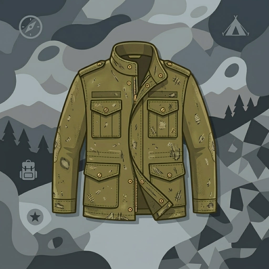 Graphic illustration of a heavily distressed, patched, and worn olive green field jacket over a camouflage background.