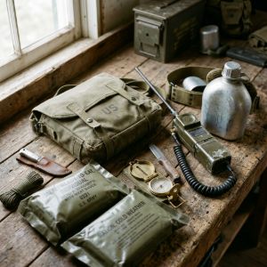 Collection of military-issued emergency preparedness gear including rations, a canteen, navigation compass, and vintage radio on a wooden table.
