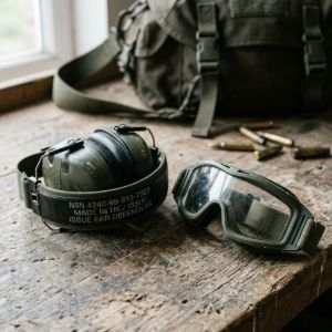 Tactical ballistic goggles and military-issue noise-reducing ear defenders displayed on a weathered wooden workbench.