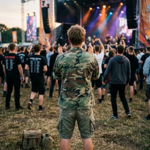 Person wearing a camo shirt and cargo shorts viewed from behind, standing in a large festival crowd with a military bag in the foreground.