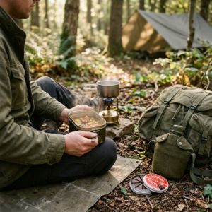 Person using authentic military-issue cooking kit, including metal mess tins and a canteen, while camping in a wooded outdoor setting.