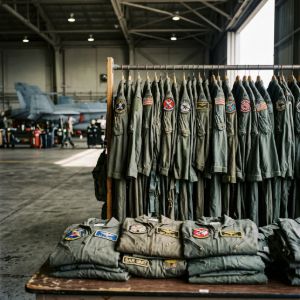 Military hanger with flight suits on a rail.
