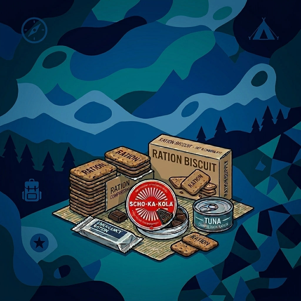 Stylized graphic of essential emergency food rations including biscuits, canned tuna, and chocolate against a blue wilderness camo backdrop.