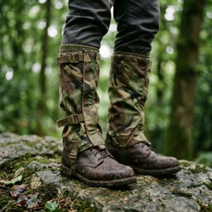 Close-up of DPM camouflage gaiters over charcoal trousers and olive wool socks on brown leather combat boots on wet granite.