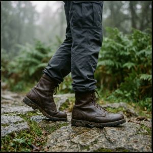 Close-up of worn British Army combat boots walking on a mossy forest trail, showcasing rugged leather and mud-caked soles.