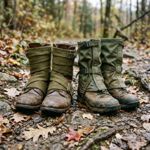 Military-issue gaiters and wool puttees wrapped around muddy hiking boots on a forest trail.