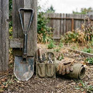 Gardening tools including a military entrenching shovel, a canvas tool pouch, and work gloves leaning against a wooden fence post.