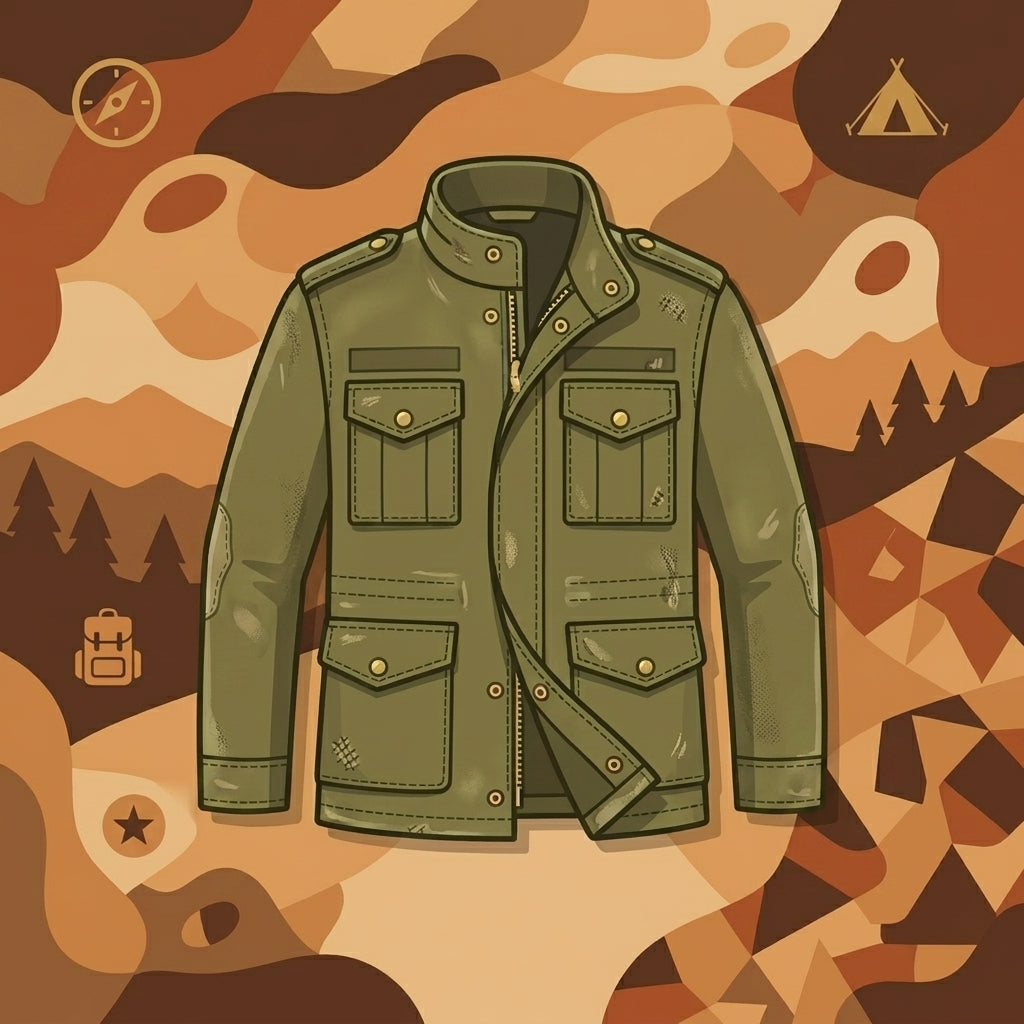 Graphic illustration of a worn olive green military field jacket over a camouflage background, representing our Grade 1 used surplus.