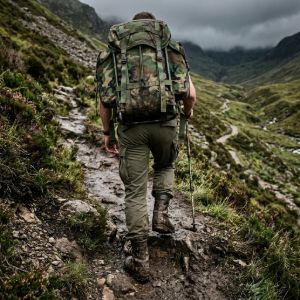 A hiker wearing camouflage rucksack and tactical gear trekking along a muddy mountain trail path in the wilderness.