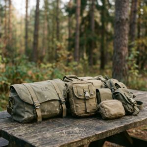 Assortment of tactical accessory bags, pouches, and load organizers arranged on a weathered wooden table in a forest setting.