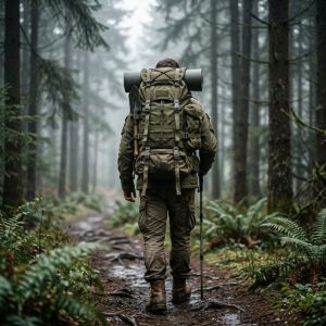 Hiker walking through a misty forest wearing a large, durable army surplus rucksack with a rolled mat and hiking pole.