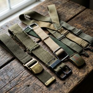 Selection of authentic military surplus webbing belts, canvas trouser braces, and rigger belts laid out on a rustic wooden surface.