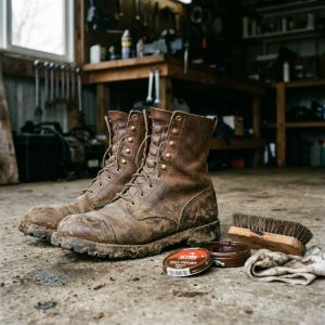Worn combat boots resting on a workshop floor next to leather care supplies, waterproofing wax, and cleaning brushes.