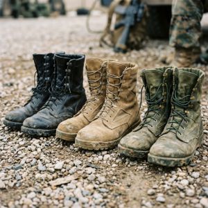 3 pairs of military boots on stony ground.