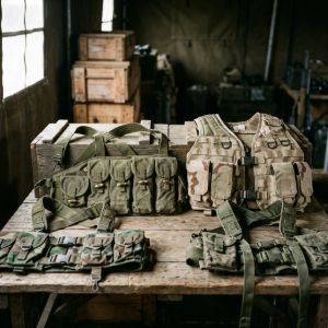 Selection of authentic military surplus chest rigs and tactical harnesses arranged on a wooden table in a supply depot.