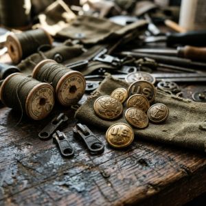 Vintage buttons, zips and thread, on a table.