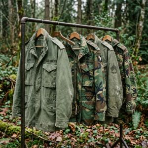Rack of assorted vintage military field jackets, parkas, and camouflage coats displayed outdoors in a wooded setting.