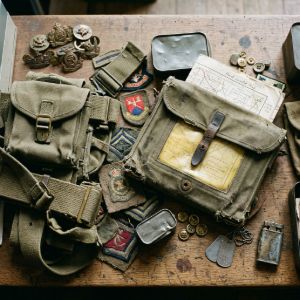 Collection of historical militaria featuring embroidered patches, badges, vintage dog tags, and canvas field maps on a wooden surface.