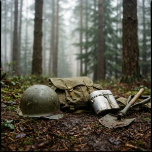 Assorted military surplus equipment, including a steel helmet, canvas field bag, metal mess tin, and shovel, resting on the forest floor.