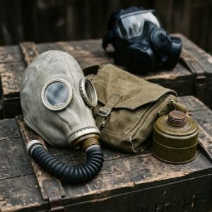 Assorted vintage military gas masks and protective filters resting on rustic wooden storage crates.