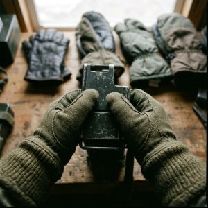 Pair of hands wearing military-issue gloves holding a tactical field tool with various leather and wool winter mittens in the background.
