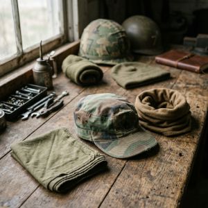 Military surplus cotton bandanas, camouflage patrol caps, and winter beanies arranged on a rustic wooden workspace.