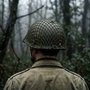 Back view of a person wearing a classic steel combat helmet with a camouflage netting cover in a misty forest.