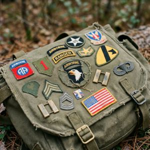 Diverse collection of military unit patches, rank slides, and shoulder insignia displayed on a worn olive canvas tactical bag.