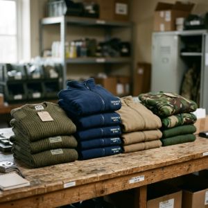Stacks of genuine military surplus wool jumpers, pullovers, and fleece jackets organized on a rustic wooden workshop table.