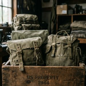Collection of vintage WWII canvas bread bags and Cold War-era satchels sitting inside a worn wooden surplus crate.