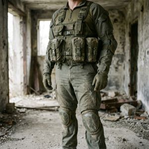 Soldier wearing authentic military surplus combat gear, including plate carriers, tactical pouches, and knee pads in an industrial backdrop.