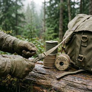 Spools of genuine military paracord and utility line being used for field repairs near a canvas rucksack in a wooded forest environment.