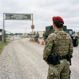 Military police officer wearing tactical gear and a red beret standing guard at a base vehicle inspection checkpoint.