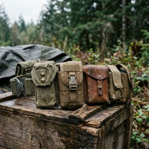 Series of military surplus field pouches, including vintage canvas and modern modular attachments, mounted on a tactical belt.