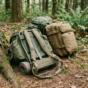 Rugged military-issue rucksacks with internal frames and tactical patrol bags resting on a woodland forest floor.